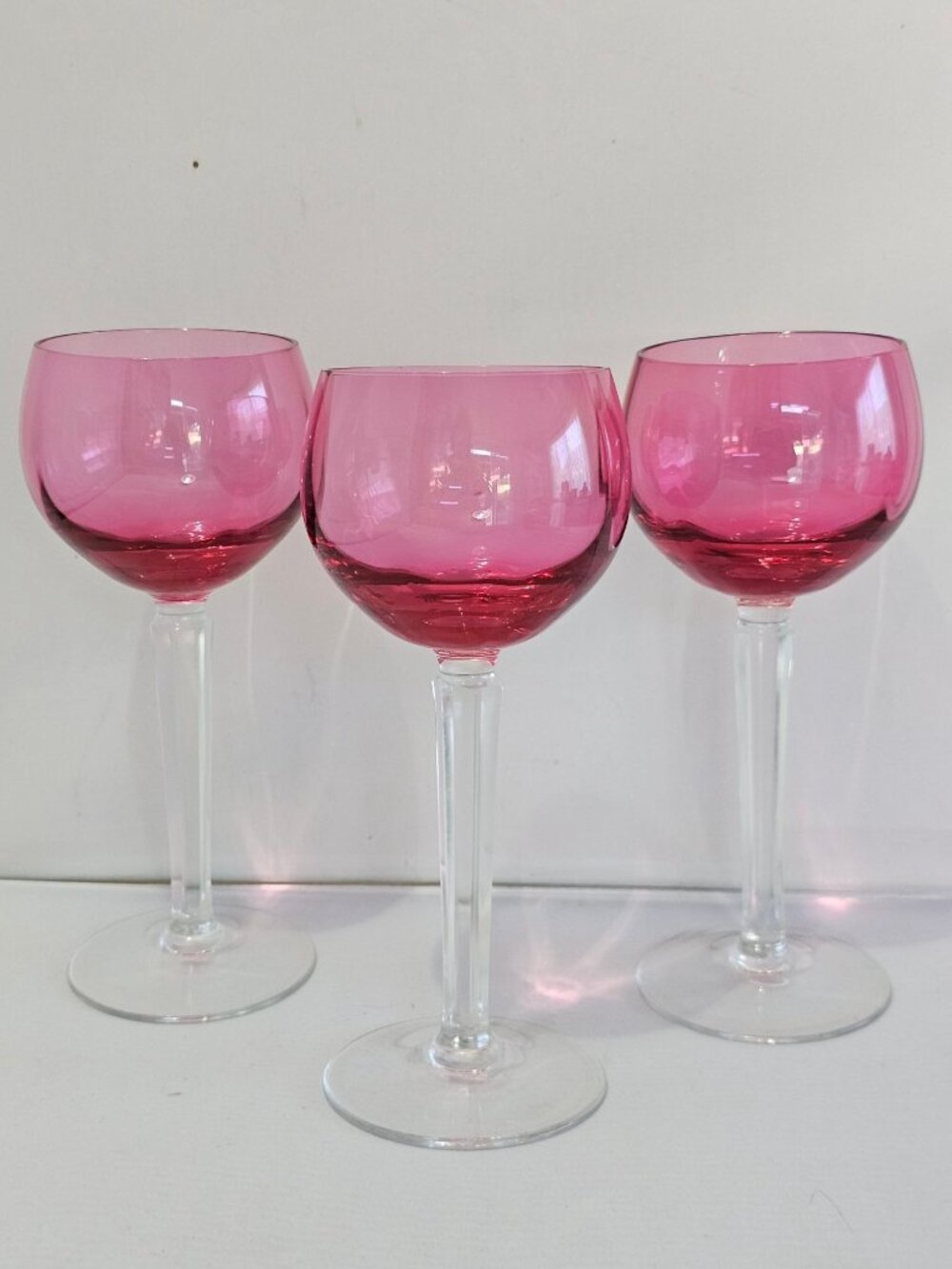 Cranberry Pink Wine Glasses Set/3 Mid Century Modern Vintage Cocktail Goblets Fa